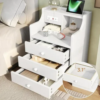 Nightstand with Charging Station, Night Stand with 3 Storage Drawers, Bedside Table with Hutch, Modern End Side Table for 5
