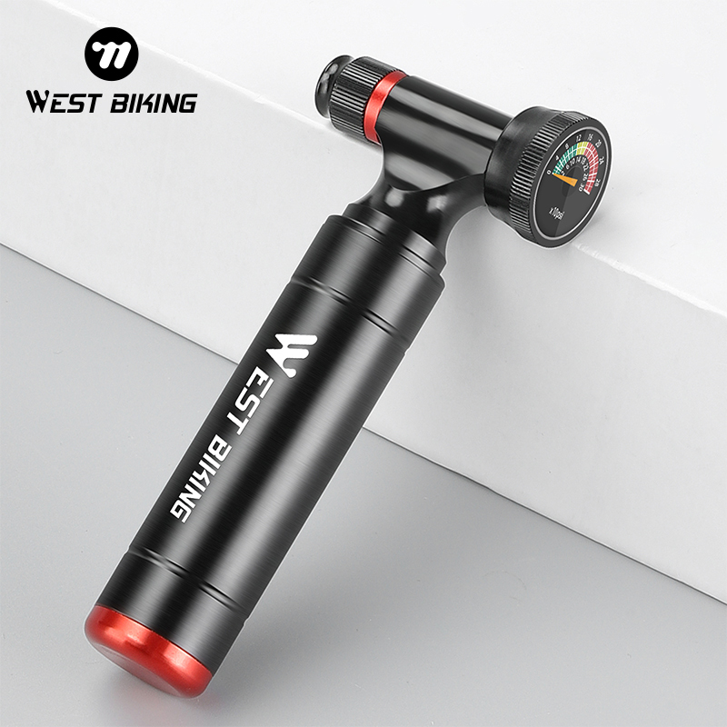 WEST BIKING CO2 Air Pump With Barometer Portable MTB Road Bike Tire Inflator Quick Pumping Schrader Presta Adapter Bicycle Pump