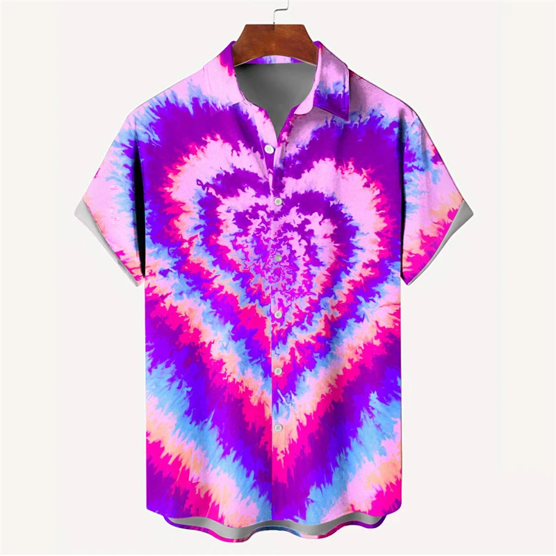thumbnail image 1 of Nueva camisa de moda para hombre con estampado 3D, de verano, de manga corta, con una sola fila de botones, holgada, de gran tamaño, con estampado de corazón amoroso, tendencia, camisas unisex, 1 of 5