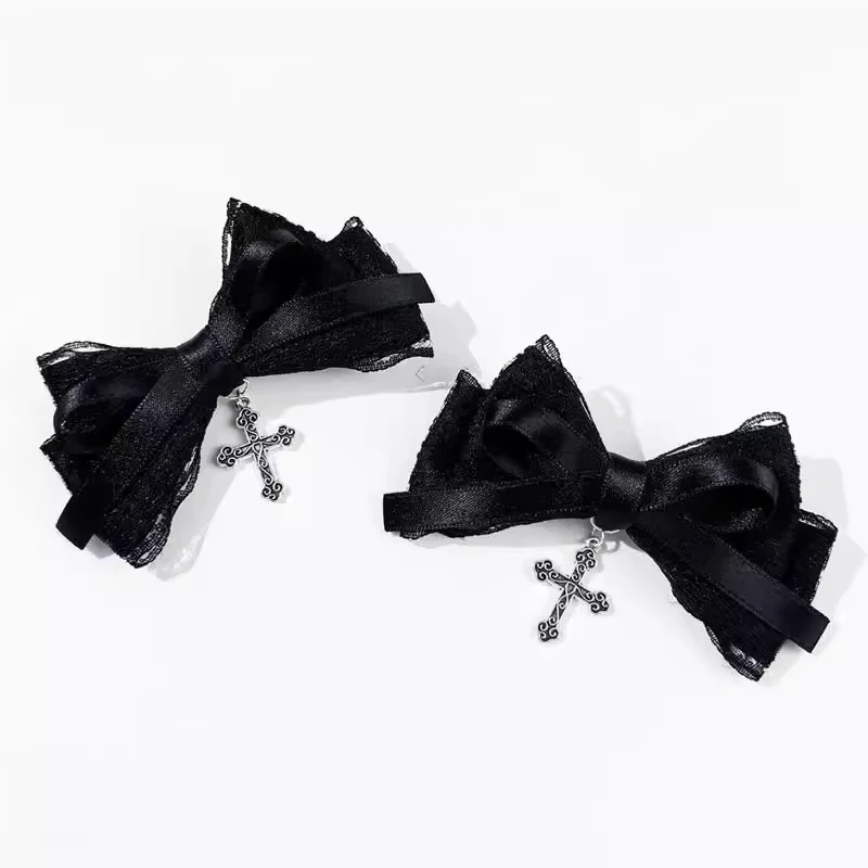 2Pcs Y2k Gothic Kreuz Anhänger Spitze Bogen Haar Clips Mode Bowknot Haarnadel Mädchen Straße Exquisite Haar Zubehör – Detail 8