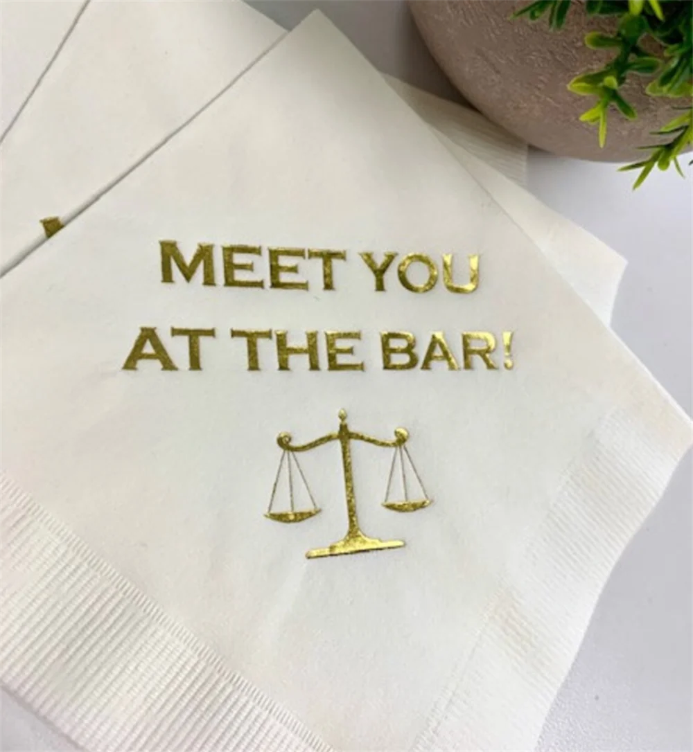 

50PCS Law School Lawyer Attorney Graduation Meet You At The Bar Printed Beverage Cocktail Napkins White w/ Metallic Gold Foil