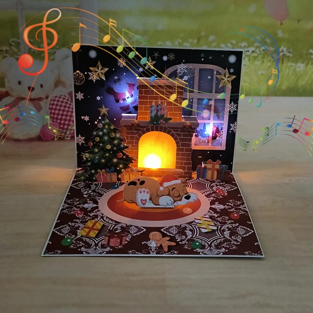 Christmas Blessings Music Lights Projection Elderly Fireplace 3D Stereoscopic Greeting Card Paper Sculpture New Year Card 1PC