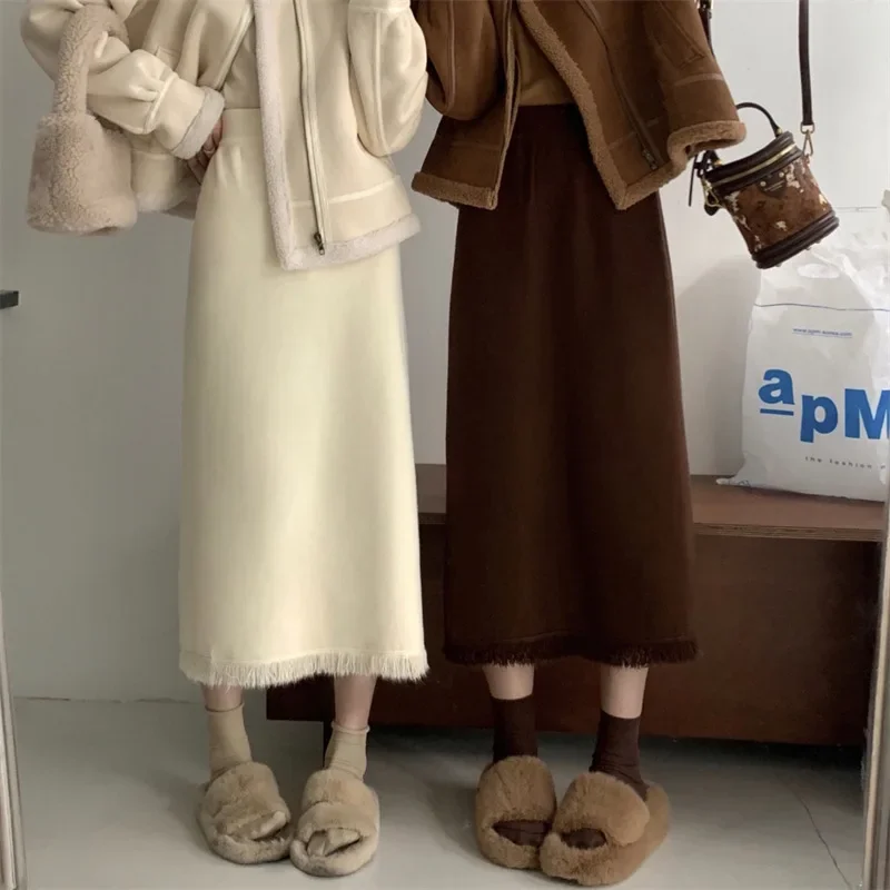 

Knitted Skirt Women's Spring and Autumn New Style Tassel Split A-line Large Size Fat Mm Mid-length Hip-wrapped Woolen Long Skirt