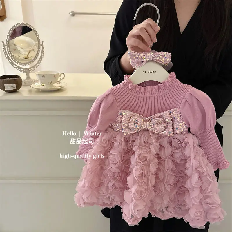 

Baby Girl Princess knit Sweater Tutu Dress Lace Collar Child Vintage Tulle Ball Gown Layred Floral Party Pageant Birthday Clothe