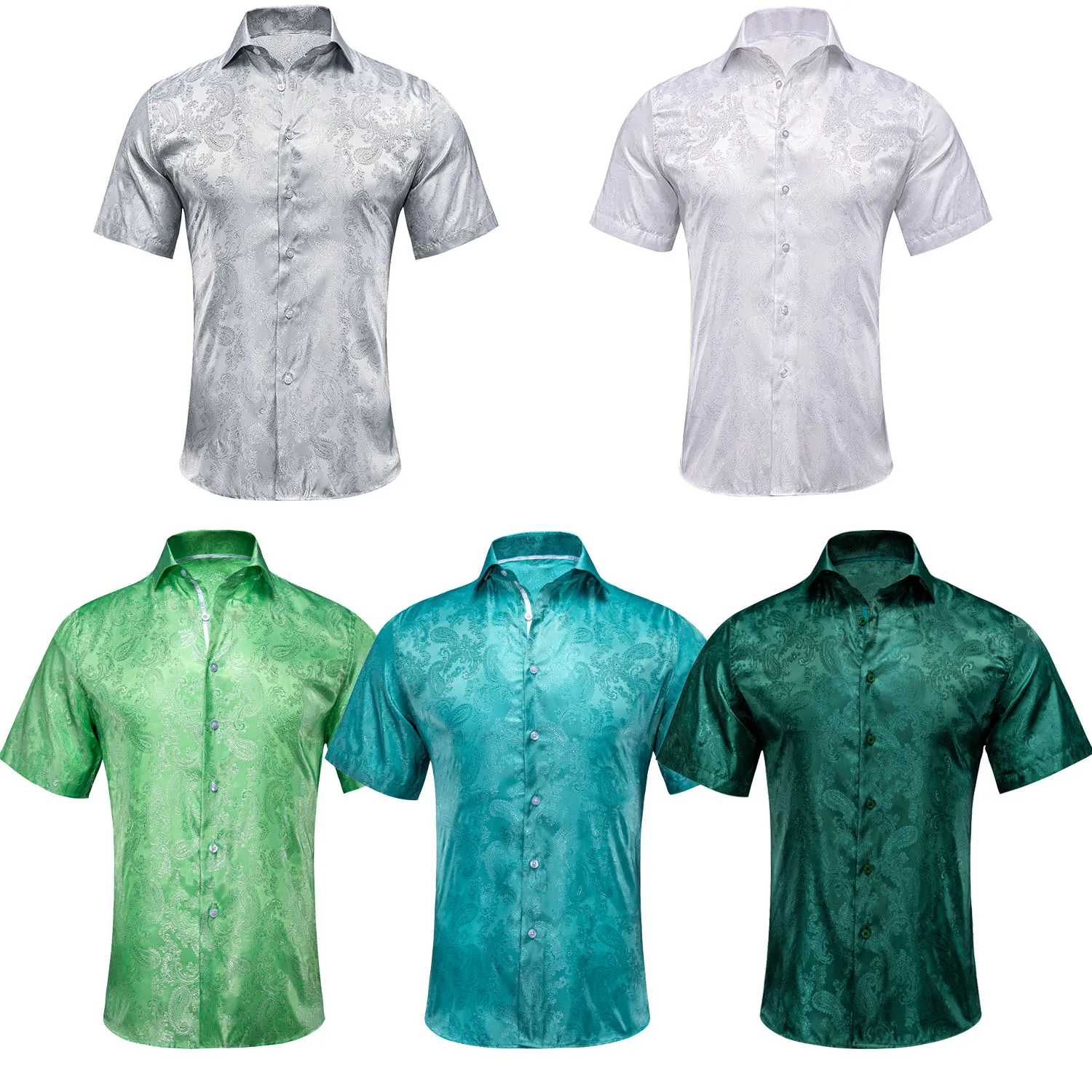 Hi-Tie Short Sleeve Silk Mens Shirts Breathable Comfortable Shirt For Men Business Office High Quality Sky Blue Green Teal Grey