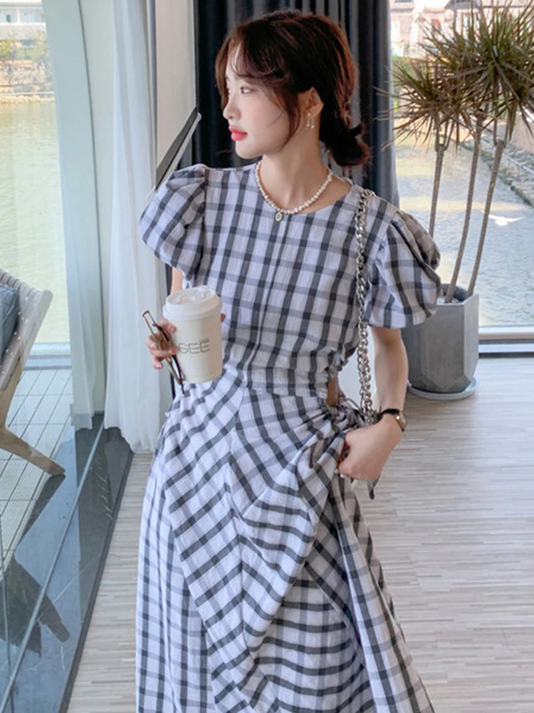 

New Lantern Sleeve Black and White Plaid Dress Women's Summer Korean Style Temperament Waistless Midi Skirt woman dress