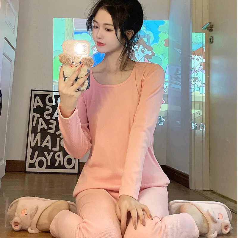 Foply Women Pajamas Set Velvet Thermal Underwear Knitted Cotton Female Homewear Winter Thermo Underwear Warm Suit Underwear Sets