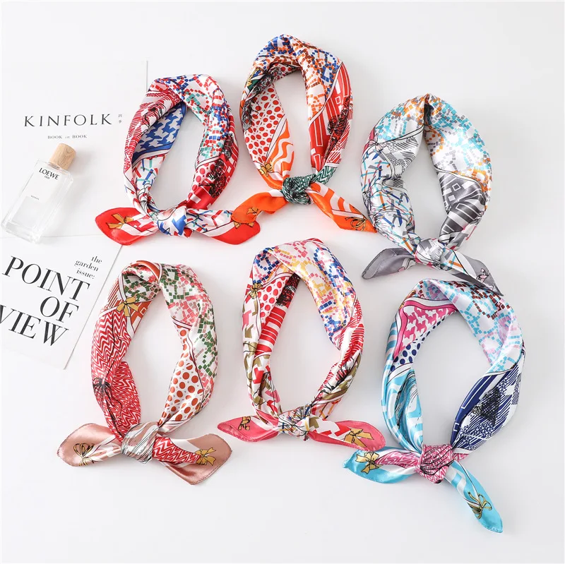 Fashion Plaid Small Satin Silk Square Scarf 60*60cm Headband Hairbands Hair Hoop Lady Head Neck Handkerchief bandanas for women