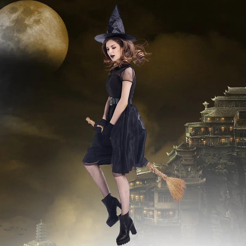 

Adult Women Magic Witch Wizard Robe Gown Stage Dress Hat Set Halloween Role Play Dress Up Cosplay Costume