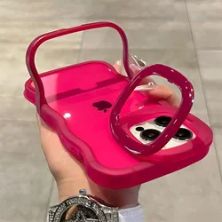 Elegant Curly Wave Clear Stand Holder Phone Case - Soft Transparent Candy Cover - iPhone 14 (Rose Red)