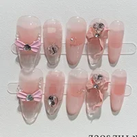 10pcs Purple Cat's Eye Handmade Fake Nails Tips Glitter Mid-length Oval Press on Nails Art Bow Rhinestone Design False Nail Sets 2