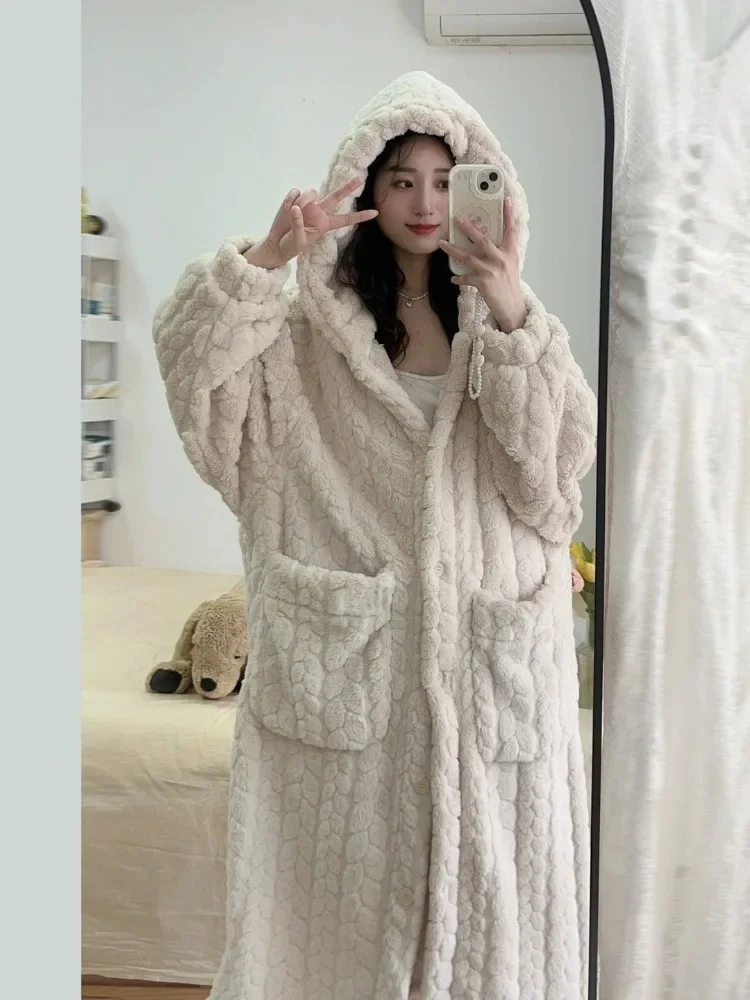 Hooded Robes Women Sleepwear Thickening Girls Kawaii Cute Homewear Winter Warm Bathrobe Casual Pockets Solid Fluffy Comfortable Women Sleepwear