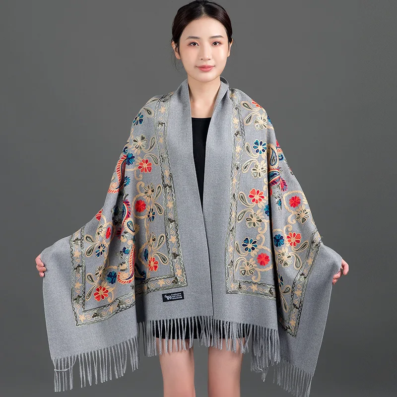 

Women New Autumn Winter Embroidery Shawl Thick Warm Cashmere Pashmina Scarves Wrap Bufanda Travel Reversible Long Scarf 200*70CM