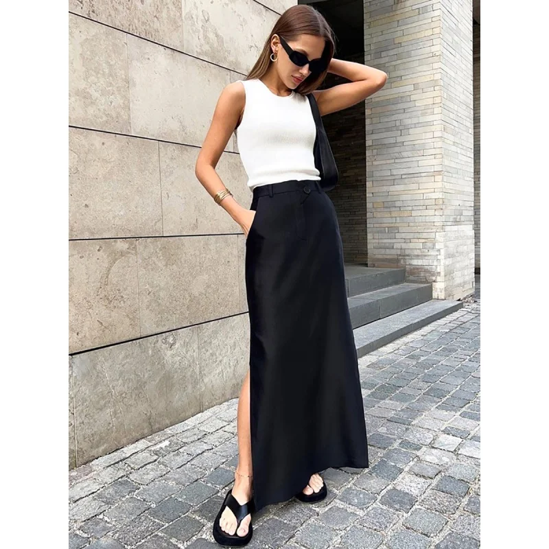 Black Elegant Brocade Split High Waist Commuter Skirt 2024 New Spring Fashion Long Skirt Female Fengsb heavyweight 100%natural mulberry silk song brocade new chinese green puzzle grid comfortable and elegant commuter top