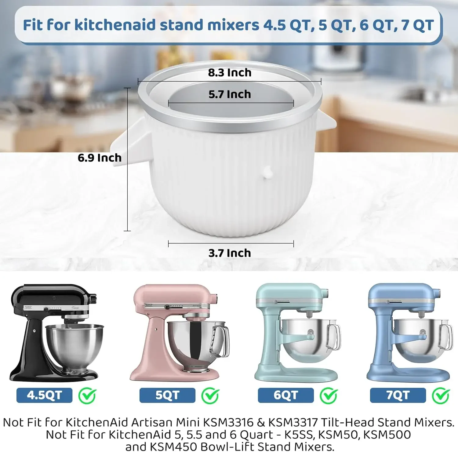 For KitchenAid 4.3L-7QT Stand Mixe Slicer Ice Cream Maker Attachment Frozen Yogurt Ice Cream & Sorbet Gelato Maker Bowl Fits