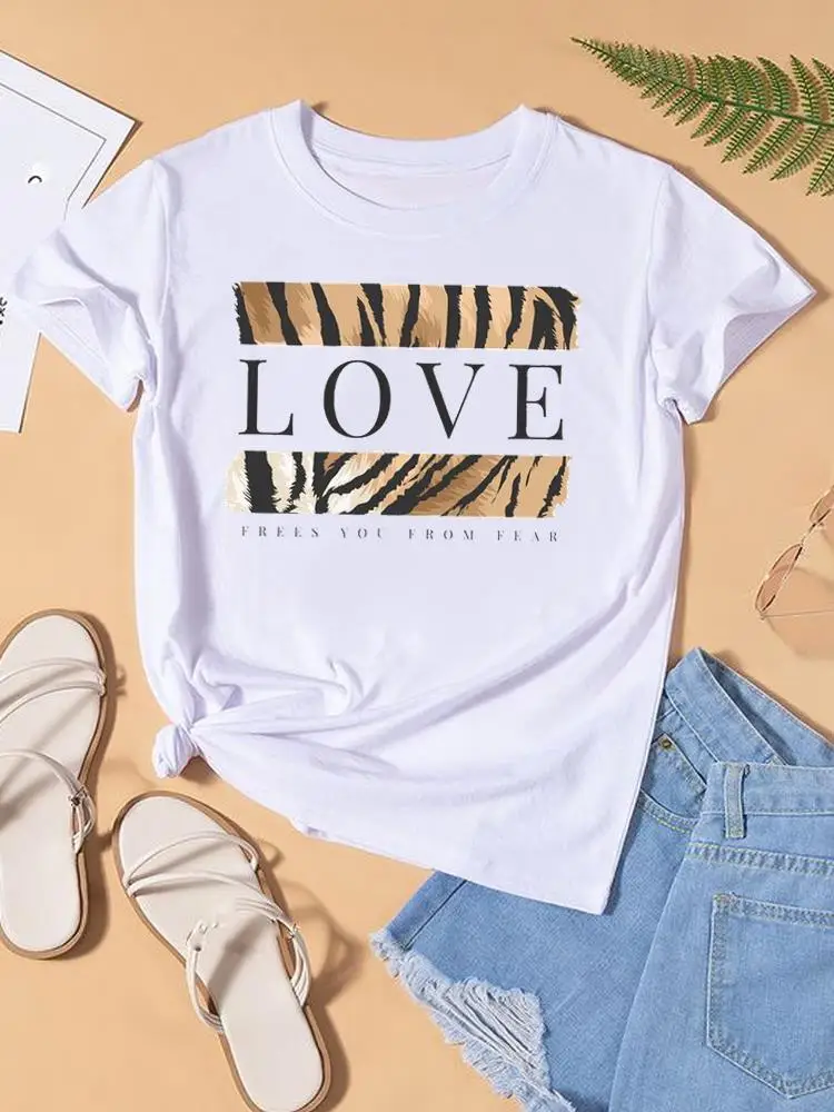 

Leopard Letter Love Trend Sweet Women Clothes Graphic T-shirt Fashion Print Short Sleeve Lady Top Female Womens T Shirt Tee