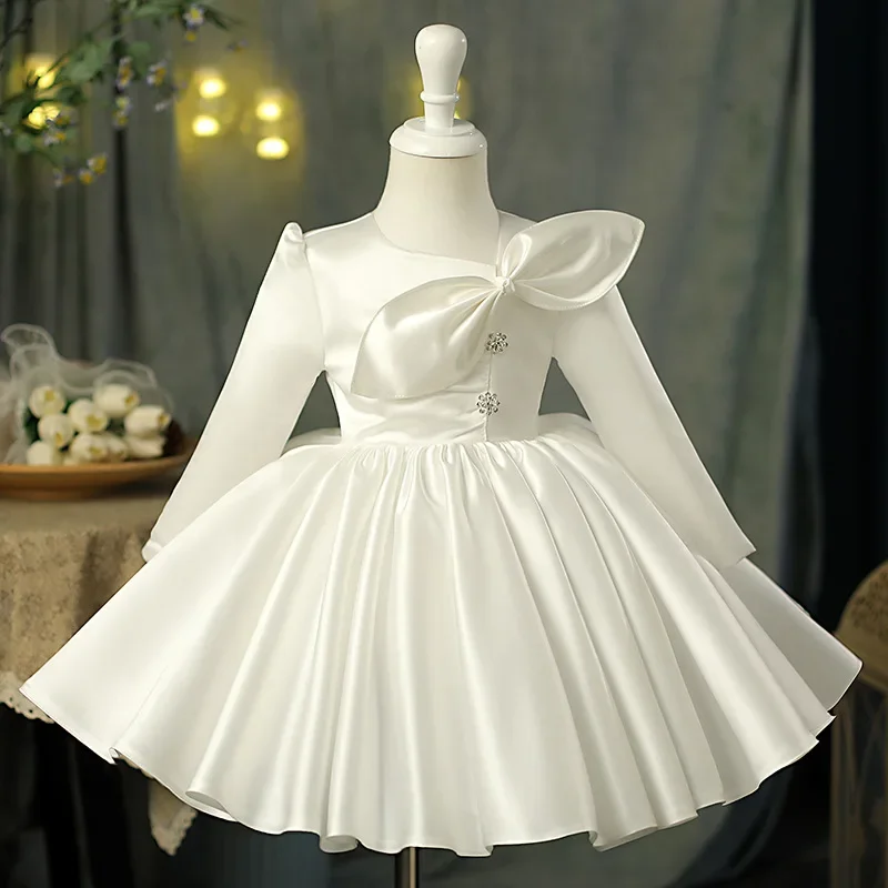 

Elegant White Christening Dress Girl Bridesmaid Wedding Party Dresses Baby Kids Girls Children Luxurious Satin Ball Gown Clothes