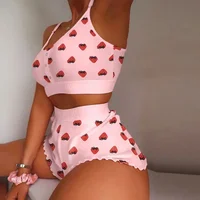 Love Printed Lace Sling Crop Tops and Shorts Summer 2-Piece Pajama Set Women Sleepwear Home Clothes Loungewear Pijamas 2