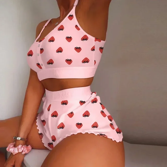 Love Printed Lace Sling Crop Tops and Shorts Summer 2-Piece Pajama Set Women Sleepwear Home Clothes Loungewear Pijamas 2