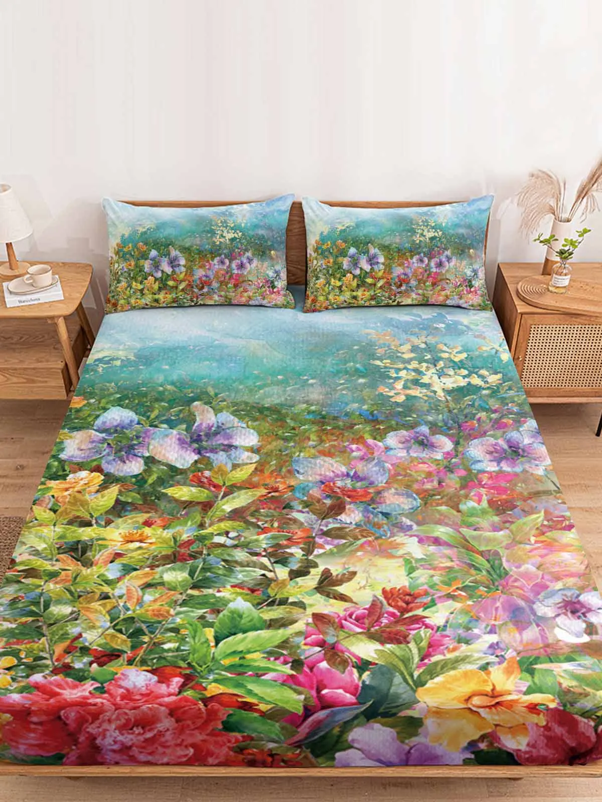 

Spring Flowers Bloom Fitted Bed Sheet Cover Elastic Band Anti-slip Mattress Protector for Single Double King