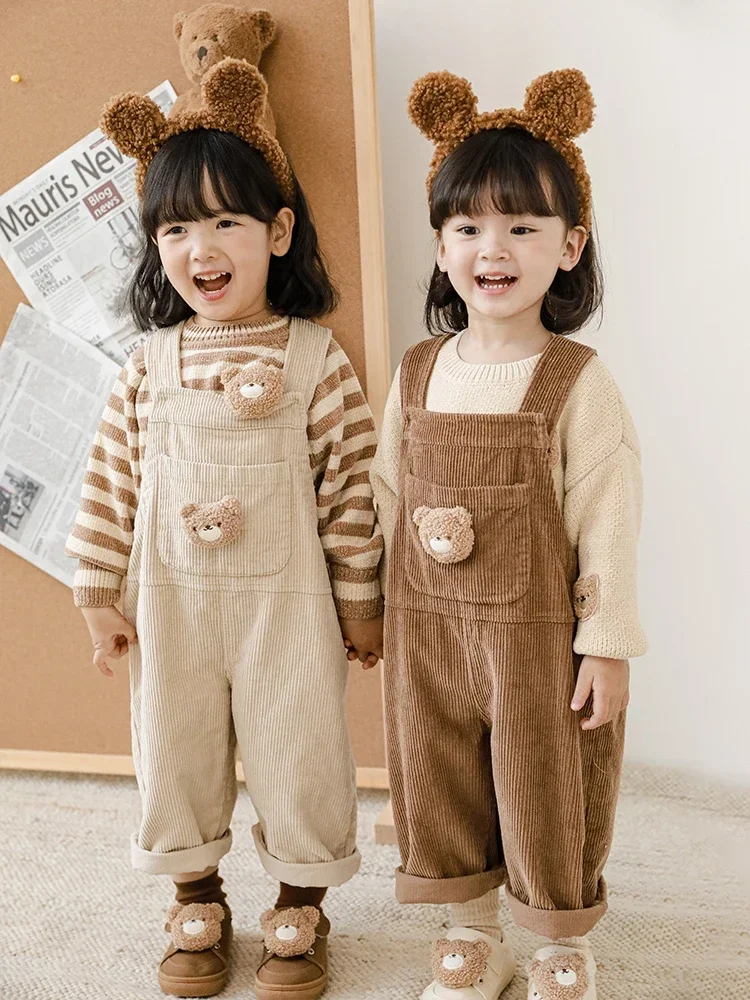 

Girls Fashion Overalls Three-Dimensional Bear Children's Autumn Retro Pit Strip Loose Adjustment Pants Tide