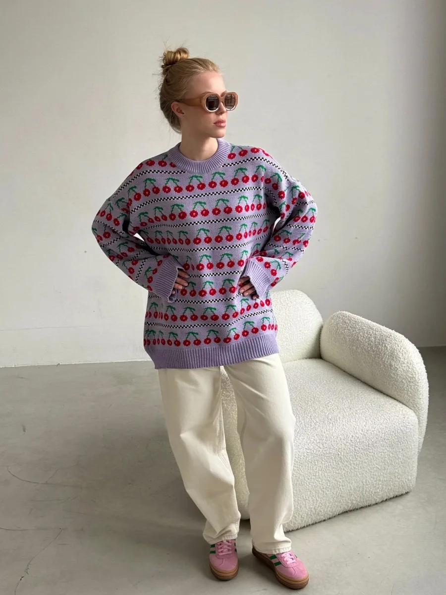 Printed Knit Sweater Pullover For Women Loose Patchwork Contrast Long Sleeve Vintage Fashion Top Knitwear Women's Pullover