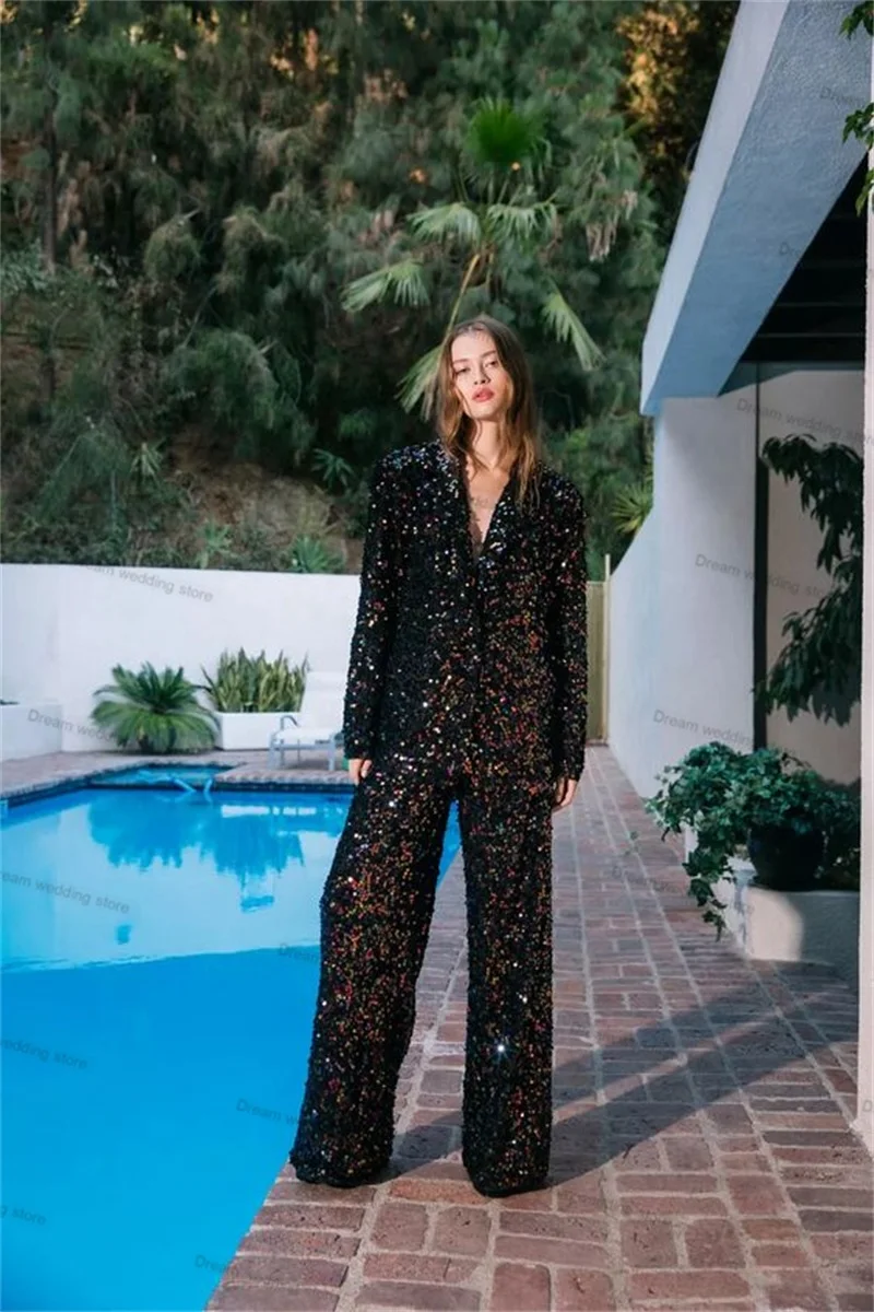 

Colorful Sequins Women Suit Set 2 Piece Blazer+Pants Formal Office Lady Jacket Coat Trousers Guest Wedding Tuxedos Tailored Made