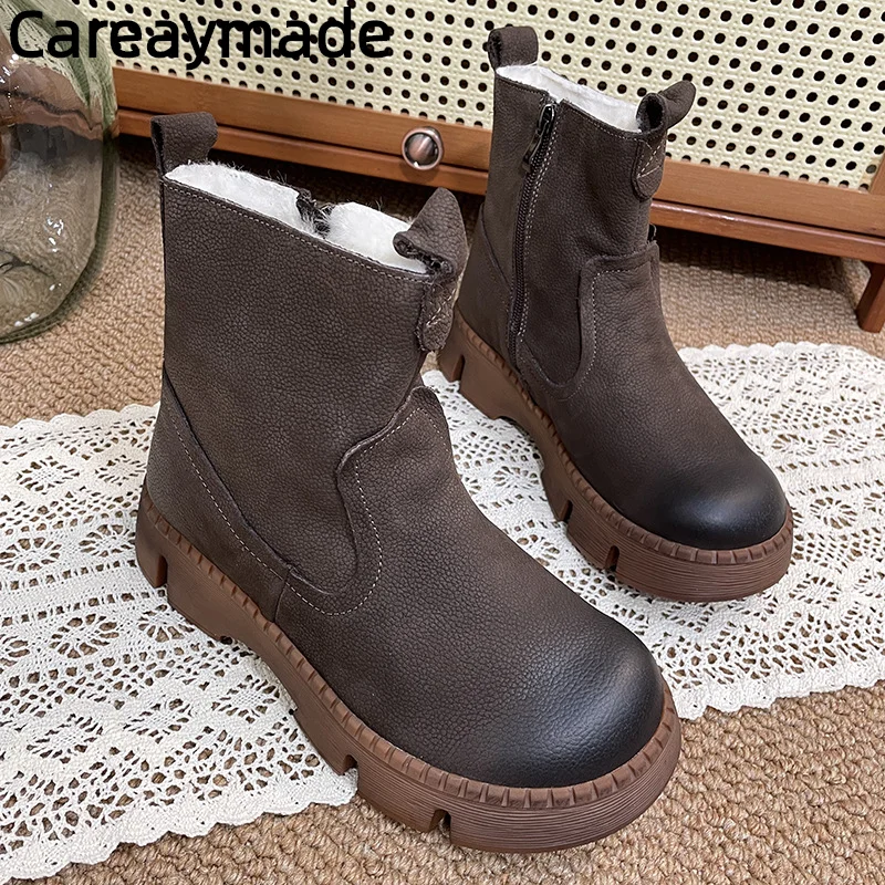 

Женские ботинки Careaymade из натуральной кожи, зимние шерстяные сапоги из воловьей кожи на толстой подошве, высокие сапоги в стиле ретро, обувь из старого хлопка