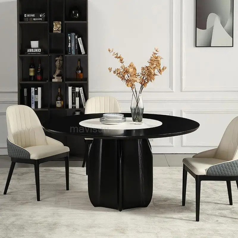 

Solid Wood Round Dining Table Household Modern Minimalist 1.5 Meters Large Marble Kitchen Table With Turntable For 6 People