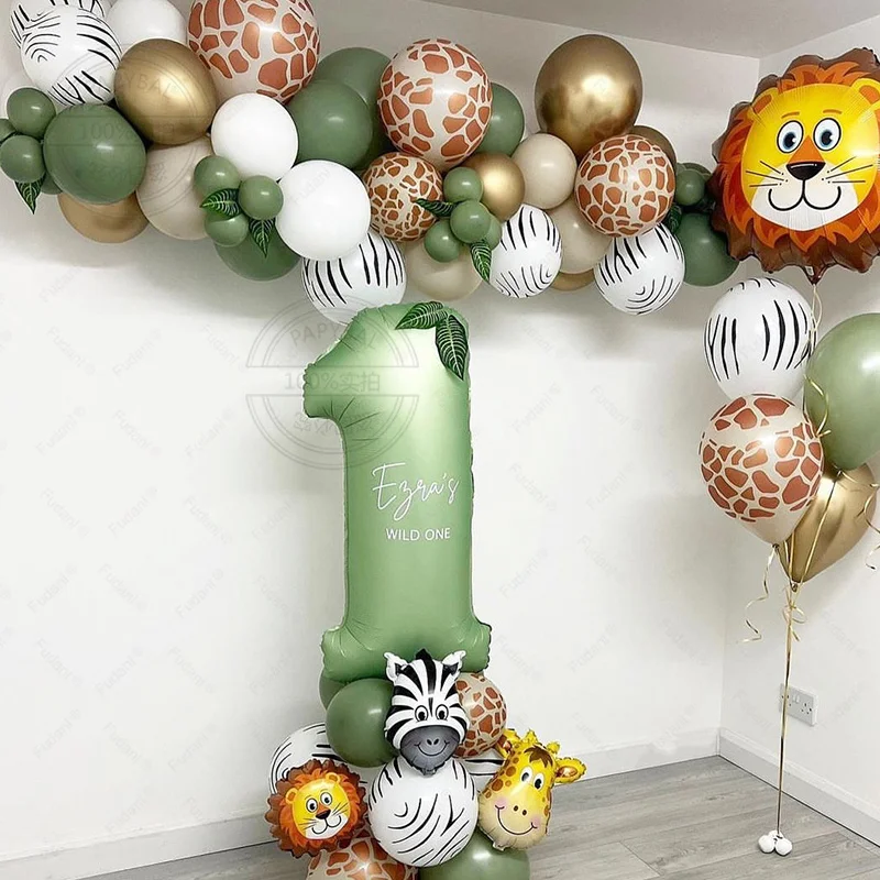 

79pcs Jungle Animal Balloons Sage Green Number Balloons Arch Garland for Baby Shower Wild One Safari Birthday Party Decortion