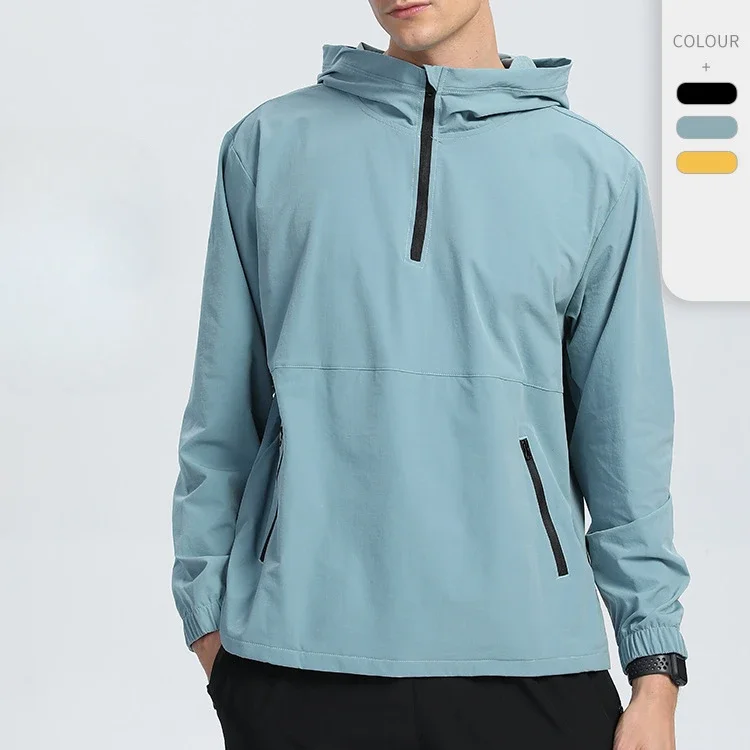 Outdoor mountaineering windproof sports jacket solid color half-zip running hooded long-sleeved top men clothing