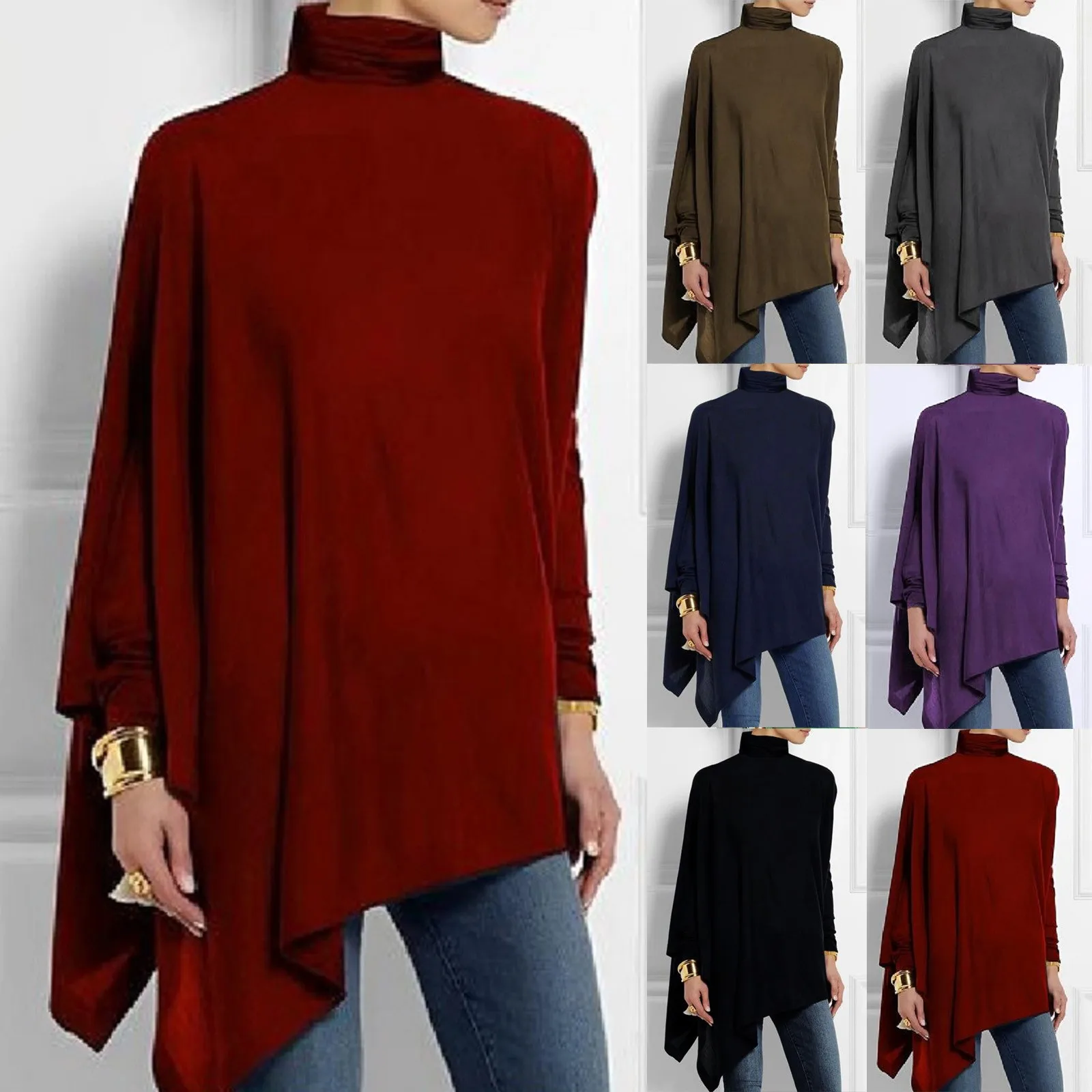 

Vintage Turtleneck Women Irregular Blouse Autumn Summer Loose Casual Oversized Tops Long Sleeve Shirts Female Club Party Blouse