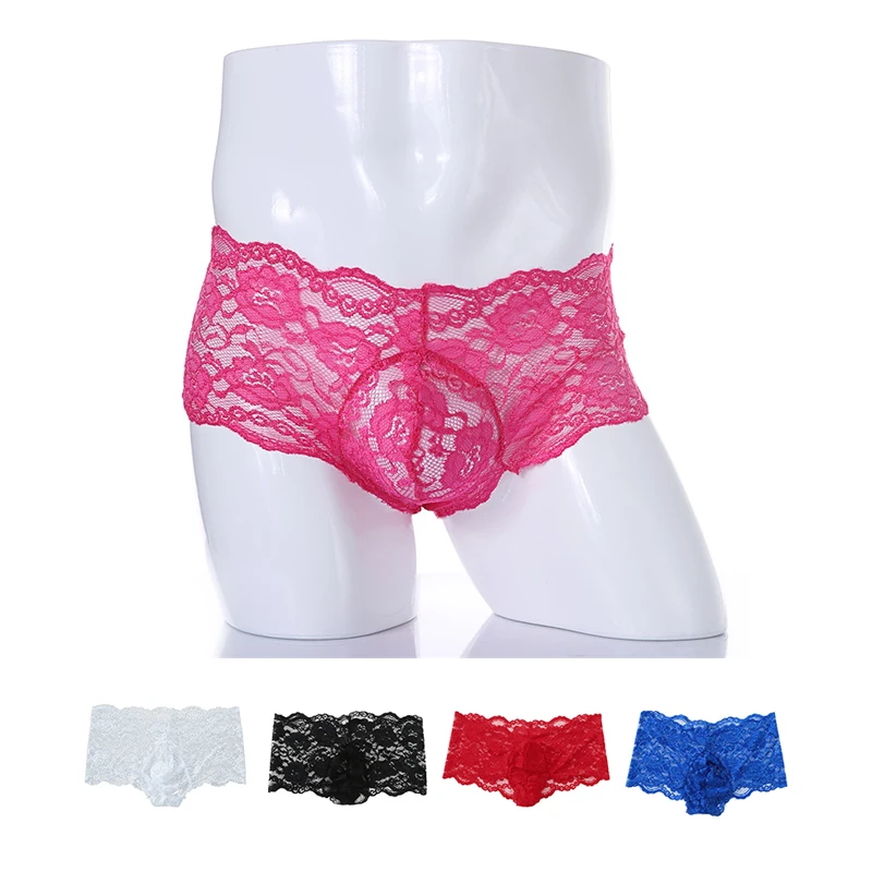 Sissy Crossdressing Men Sexy Lace Panties See Through Transparent Underwear Exotic Lingerie Mesh Boxer Breathable Men Underwear 2pcs