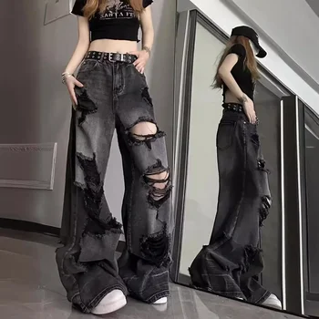Jean déchiré Unique pour femmes, bas de cloche de Style américain en détresse, coupe ample, pantalon Long polyvalent à jambes droites, été 1