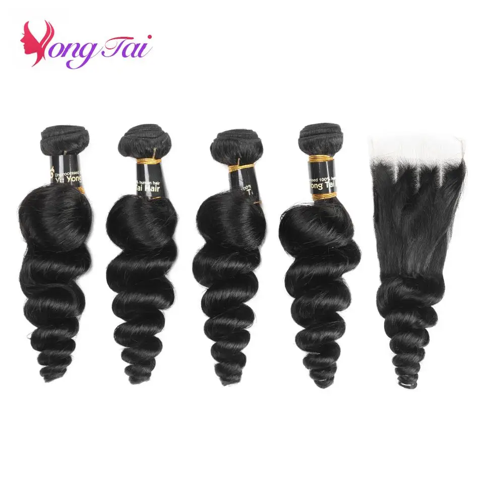 

YuYongtai Brazilian Hair Weave 4 Bundles With Lace Closure 4x4 Loose Wave Human Hair Extenions Natural Black Non-Remy Hair