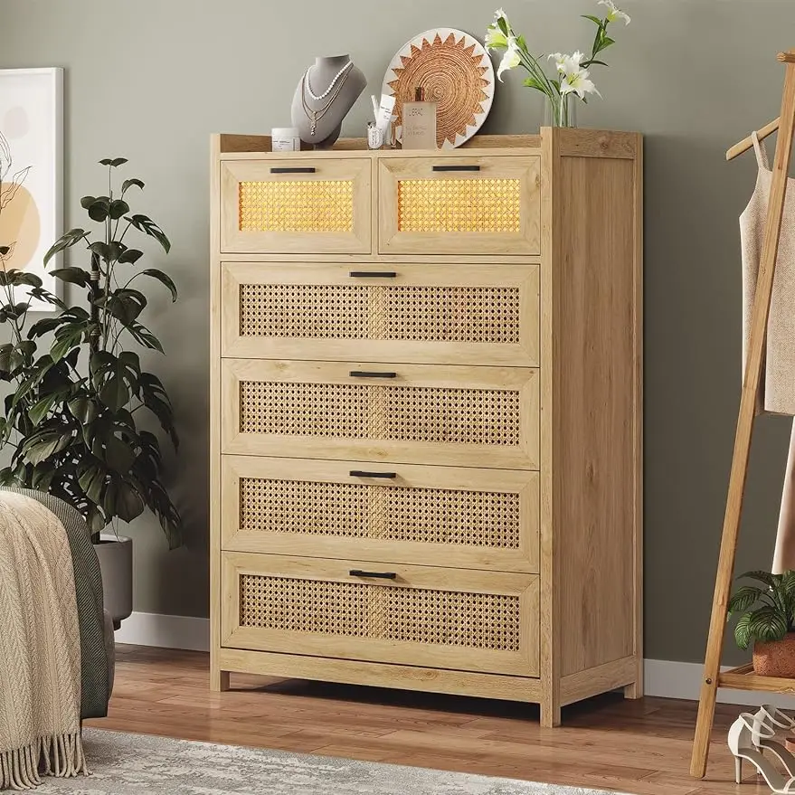 

6 Drawer Dresser for Bedroom, Rattan Wood Dressers with Led Light, Tall Dressers & Chests of Drawers, for Bedroom, Entryway