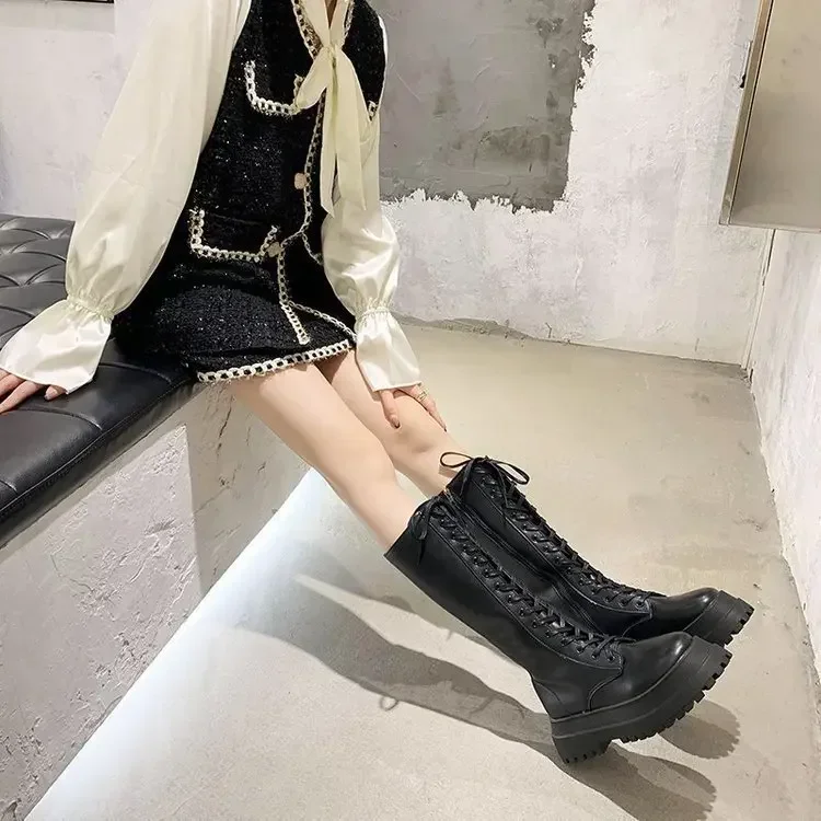 Women Motorcycle Boots Wedges Flat Shoes Woman High Heel Platform PU Leather Boots Lace Up Women Shoes Black Boots Girls2021 - Image 3