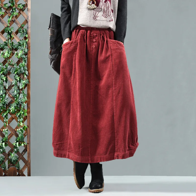 

Vintage Women's Corduroy A-line Skirt Pockets Warm Casual Maxi Long Dress Warm