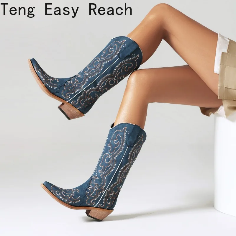 Pointed Toe Denim Fashion Knee High Mid Calf Boots for Women Retro Cowboy Cowgirls Western Boots Autumn Hot Sale Shoes 2023