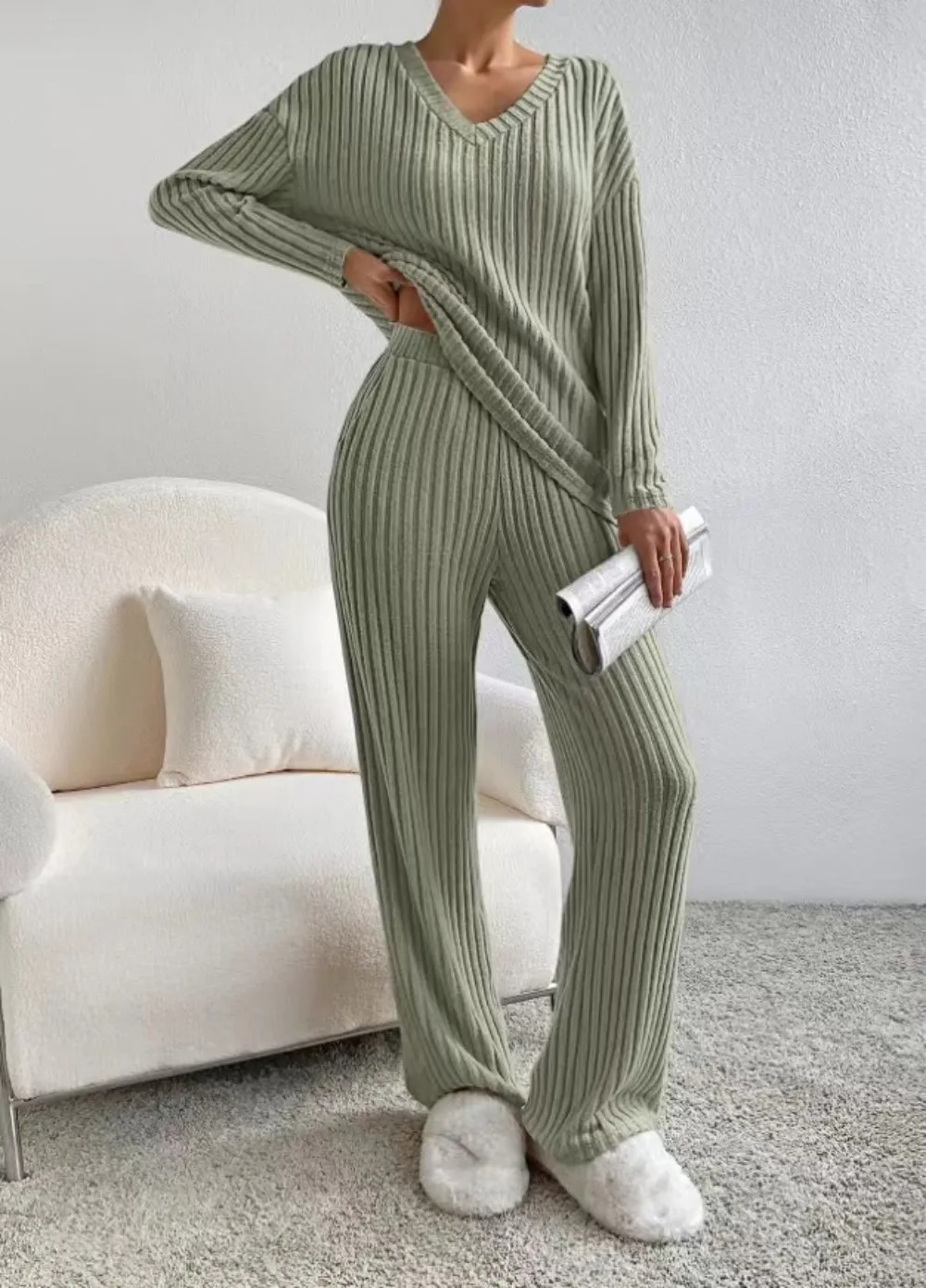 Women 2pcs Knitted Loungewear Set Loose Long Sleeve Sweater Straight Pants Headband Pajamas Loungewear Pajama Set Two Piece Set