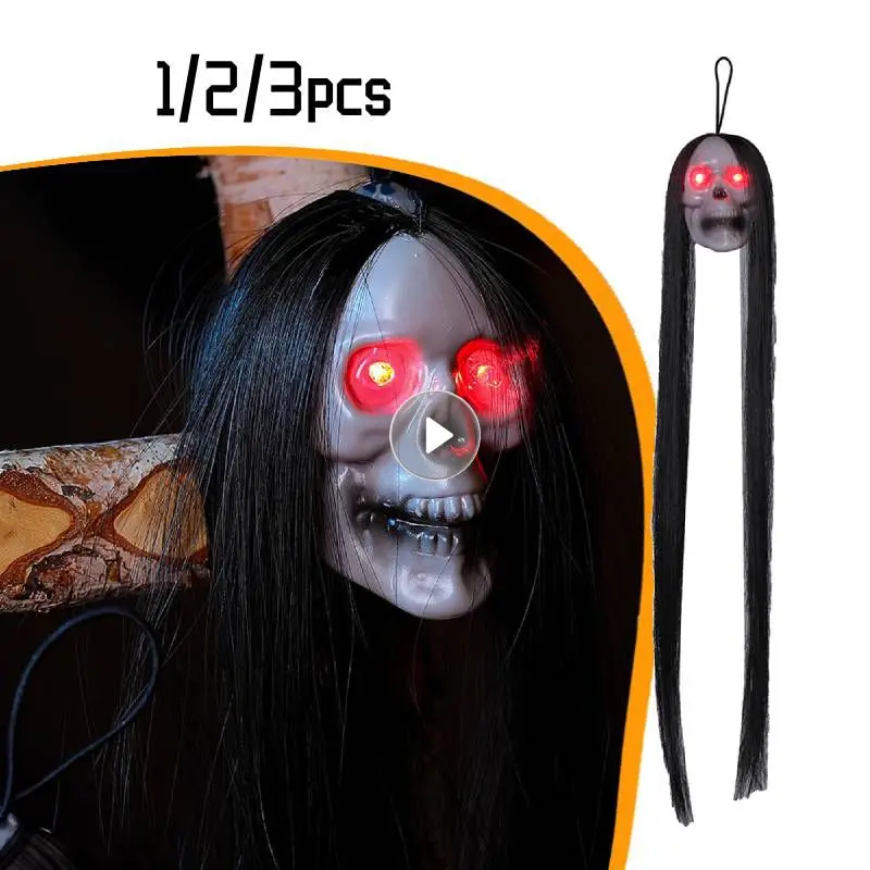 

Halloween Hanging Ghost Skeleton Head With Long Hair Red Blinking Eyes Horror Photo Prop For Home Garden Outdoor Party Decor