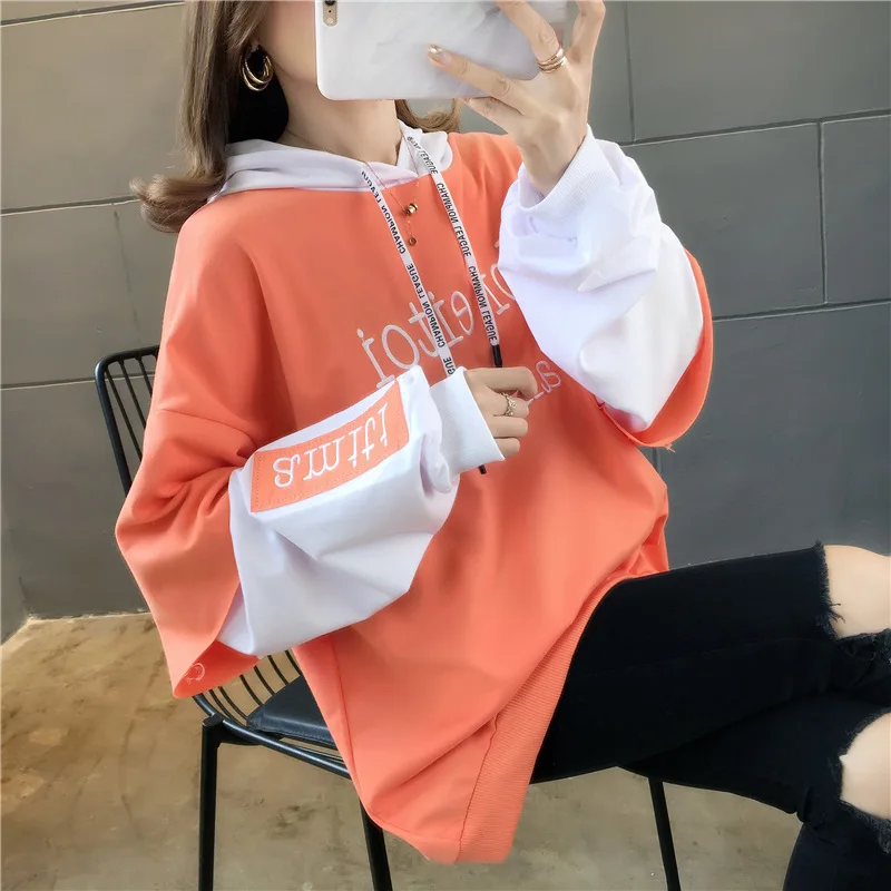 ZOUXO Hoodies Women 2022 Spring Autumn Paneled Long Sleeves Thin Hoodies Korean Style Loose Embroidered Top