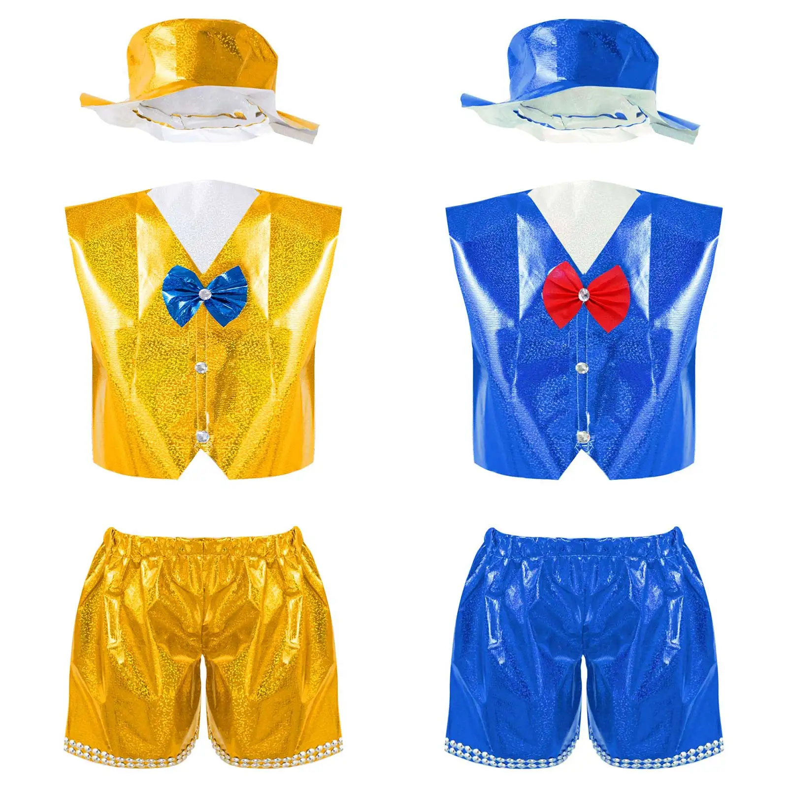 

Kids Boys Dance Performance Outfit Shiny V Neckline Bow Tie Diamond Stick-up Closure Front Vest Tops with Shorts and Hat 3Pcs