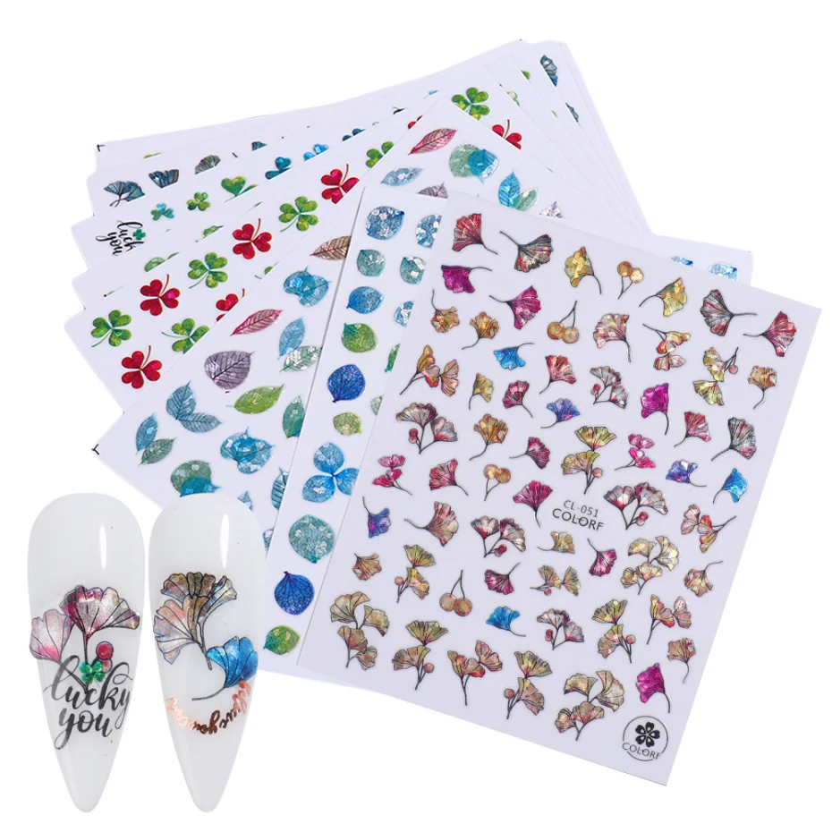 Laser 3D Nail Stickers Fan Leaf Flower Tiger Shiny Sliders Nail Art Decorations Lucky Clover Fashion Foil Manicure LACL037-052 nail stickers,nail art decoration,nail decals