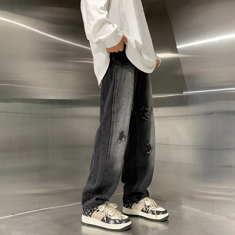 Four Seasons Men's Vintage Straight Wide Leg Casual Denim Trousers Loose Hole Patch Black Jeans Pants Male  Men's Streetwear 3