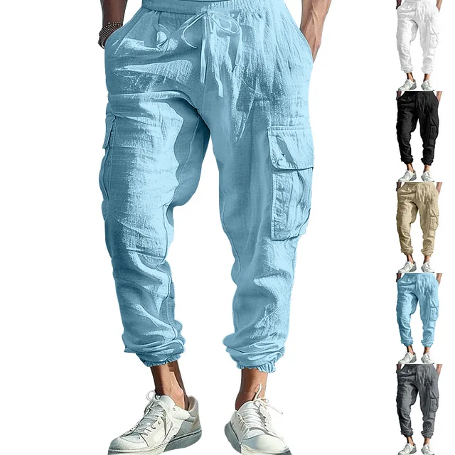 Pantalon ample à cordon de serrage en coton et lin, attache multi-poches, pieds noués, monochromatique, transfrontalier, Amazon 1