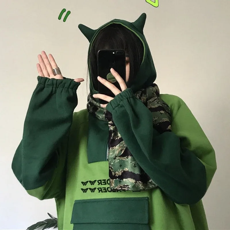2021 Fashion Funny Patchwork Print Pullover Anime Hoodies Women Kawaii Sweatshirt Korean Long Sleeve Cute Female Jumper Clothes