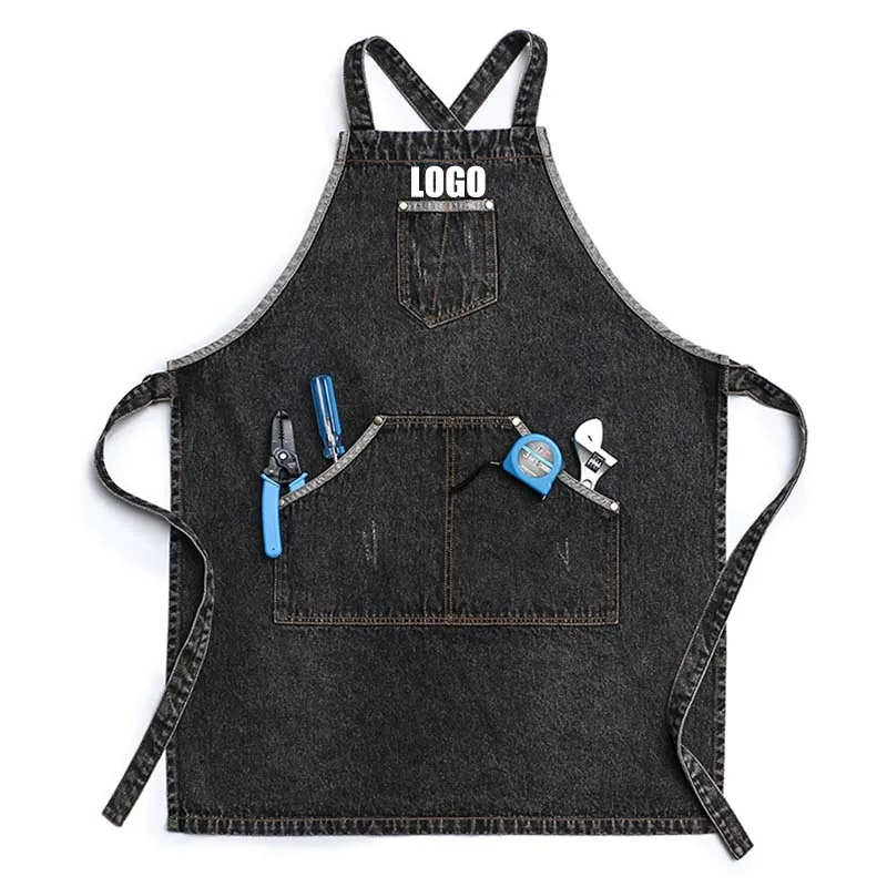 Custom cotton denim fabric Apron with Pockets Jean Apron for Hairstylist tool pockets 2
