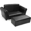 Kids Sofa, 2 Seat Toddler Couch Lounge Bed with Ottoman, Sturdy Wood Construction, Children PU Leather Upholstered Loveseat 1