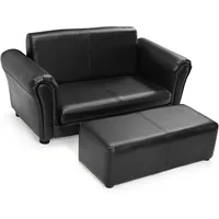 Kids Sofa, 2 Seat Toddler Couch Lounge Bed with Ottoman, Sturdy Wood Construction, Children PU Leather Upholstered Loveseat 1